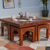 Mobell Solid Sheesham Wood Coffee Table Set With Four Stools (Four Legs, Natural Finish)